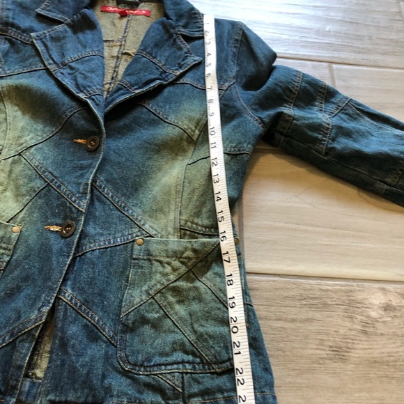 Jennyfer J denim Jean jacket front pockets distressed Patchwork Medium. EC* - Picture 5 of 14